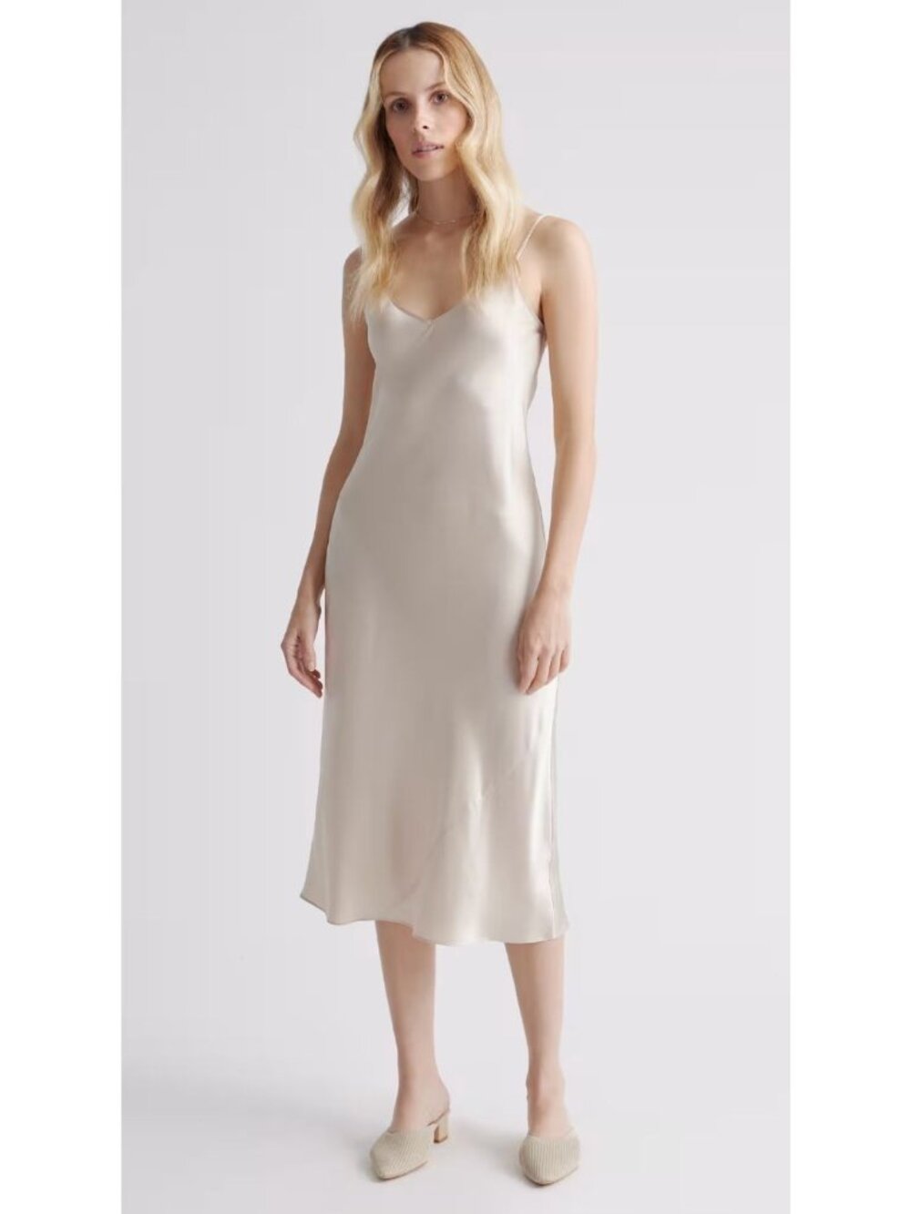 Quince Silk Slip Dress With Adjustable Straps Beige Champagne Size S